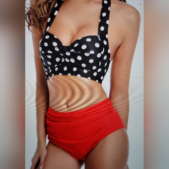 NWT VINTAGE RETRO PINUP HIGH WAISTED RUCHED HALTER FLATTERS EVERYONE BIKINI. XL - Picture 4 of 10